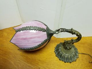 Vintage 1940s Stained Glass Wall Sconce Lavender Pink Lotus Flower