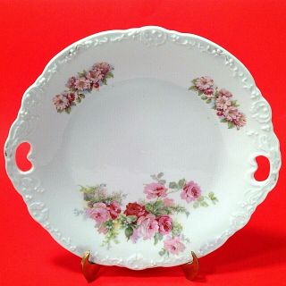 Vintage Cake Plate Handled Display 10 1/2 " Pink & Red Roses Floral Green Leaves