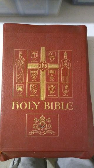Holy Bible Papal Edition Pope Pius Xii Vintage 1952 Family Bible Red Leather