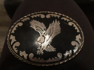 Vintage Oval Western Belt Buckle,  Silver Eagle On Black Enamel By " W " Usa,