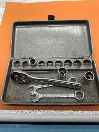 Small Craftsman Metal Box With 1/4 " Ratchet And Some Sockets