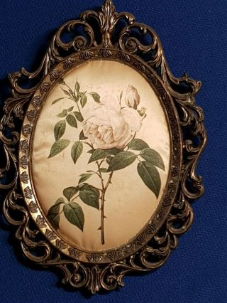 Vintage Ornate Brass Frame With Silk Picture Flower Made In Italy