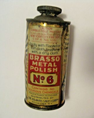 OLD VINTAGE BRASSO METAL POLISH ADVERTISING CONE TOP CAN 2