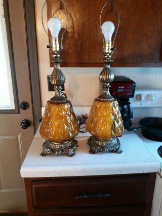 Pair Vintage Mid Century Amber Gold Glass Metal Table Lamp Bottoms Light Up 28 "