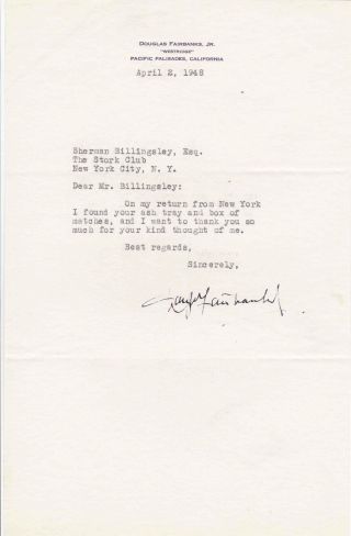 Douglas Fairbanks Jr.  Signed Letter To Famous Stork Club Owner 1949