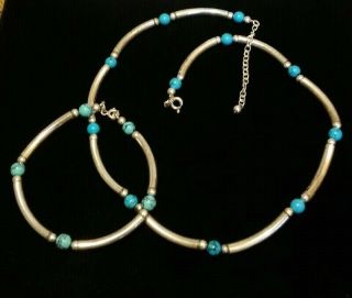 Vintage Southwest Sterling Silver Modernist Turquoise Necklace Bracelet Set 19 "