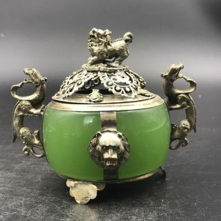 Chinese Old Jade Incense Burner Tibetan Silver Copper Carving Lion Head Yt28