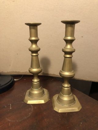 Pair Antique Brass Push Up Candlesticks