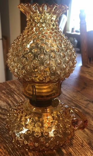 Vintage Amber Glass Fenton Hobnail Table Finger Oil Lamp Collectible Decor