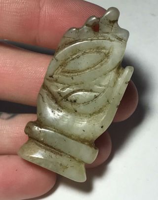Vtg Carved Chinese Buddha Prayer Hand Celadon Jade Necklace Pendant Medallion B