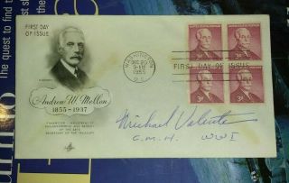 Signed Fdc Wwi Medal Of Honor Pvt.  Michael Valente,  Moh Cmh