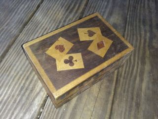 Vintage Inlaid Wooden Box For Playing Cards Diamond To Open Made Japan