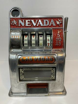 Vintage Toy 11 " Metal Las Vegas Nevada Mini Table Top Slot Machine Bank