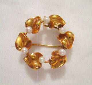 Vintage 14k Yellow Solid Gold With Pearls Brooch / Pin / Pendant