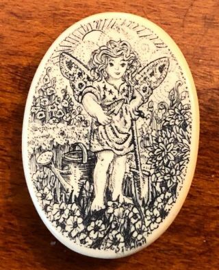 Large Vintage Button,  Resin Scrimshaw Gardening Angel K Mcclelland,  1 3/8 "