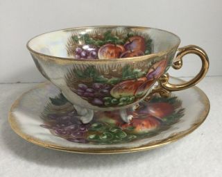 Vintage Royal Sealy Footed Teacup And Saucer Iradestent Harvest Fruit
