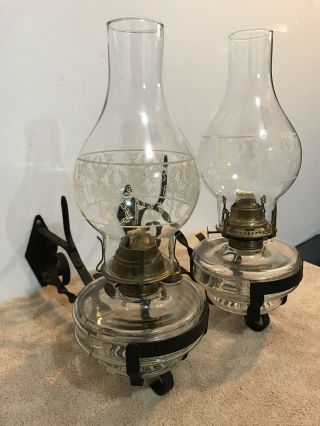 Vintage Pair (2) Handmade Wrought Iron Wall Brackets/sconces & Kerosene Oil Lamps