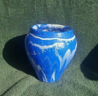 Vintage Ozark Roadside Tourist Folk Art Pottery Blue & White 5 Inch