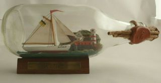Vintage Ship In A Bottle Kutter Mowe Sailing Vessel W/ Island Tower Wooden Stand