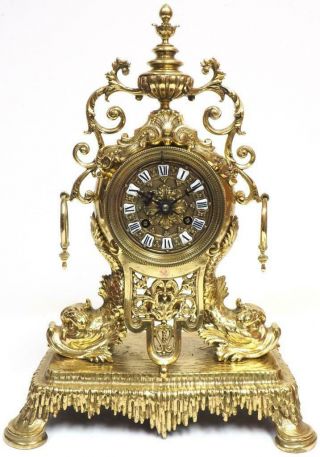 Antique 19thc French 8 Day Bronze Ormolu Oriental Carp Fish Portico Mantel Clock