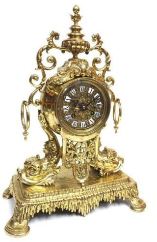 Antique 19thC French 8 Day Bronze Ormolu Oriental Carp Fish Portico Mantel Clock 3