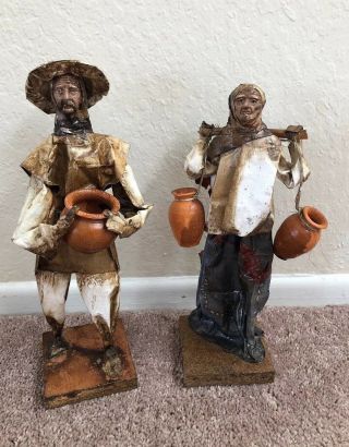 Vintage Mexico Folk Art Paper Mache Figure Set Of 2 Man With Pot & Woman W/ Pots