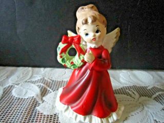 Vtg Napco Japan Ceramic Christmas 4.  5 " Angel Girl With Wreath Figurine 6964