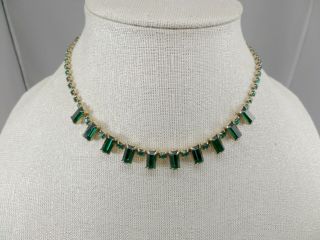 Vintage WEISS Gold - tone Prong Set Emerald Green Rhinestone Necklace 4623 2