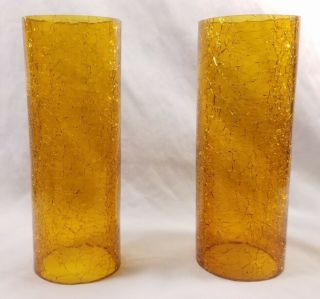 2 Frankart Nuart Blown Amber Crackle Glass Cylinder Shade Mid - Century Modern