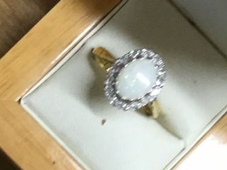 A Vintage 18ct Gold,  Diamond And Opal Ring,  Hallmarked In 1976 - Size M
