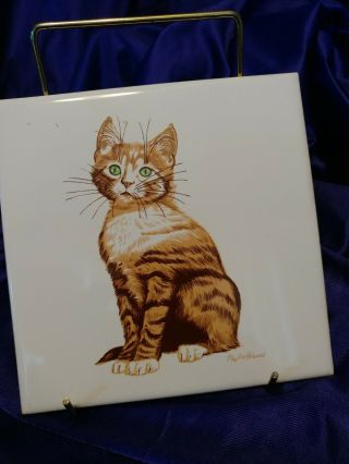 Vtg Tabby Cat Hand Painted Ceramic Tile By Screen Craft Signed Trivet
