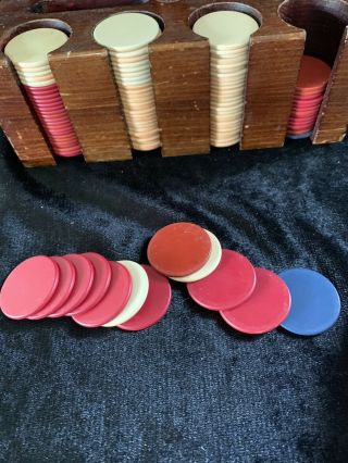 Vintage Clay Poker Chip Set with Wooden Carrier Blue Red White Wafers 2
