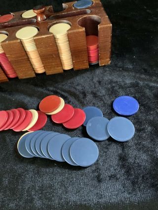 Vintage Clay Poker Chip Set with Wooden Carrier Blue Red White Wafers 3