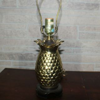 Vintage Brass Wood Base Pineapple Table Lamp 13 "