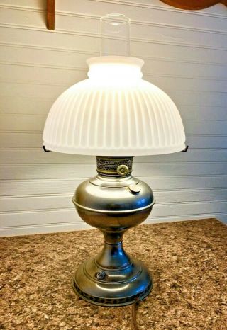 Antique Nickel Plated Oil Lamp W/ White Milk Glass Shade & Chimney - Electrified