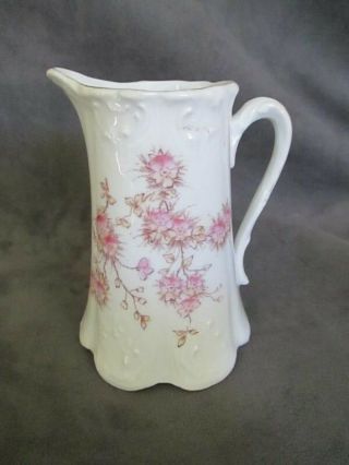 E5 Antique Ceramic Creamer Milk Pitcher White W/ Pink Floral Design