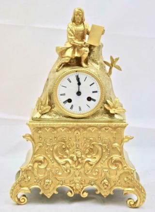 Antique French Mantle Clock Bronze Ormolu 8 Day Empire Figural Bell Striking