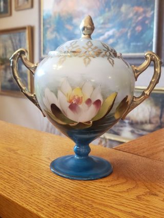 Antique Royal Rudolstadt Hand Painted Signed Water Lily Covered Sugar Rs Prussia