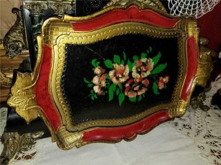 Vintage Florentine Toleware Tray Hand Painted Made Italy Gold Red Black Flower
