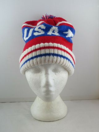 Vintage Team Usa Beanie / Toque - Red White An Blue With Usa Wrapping - Adult Sz
