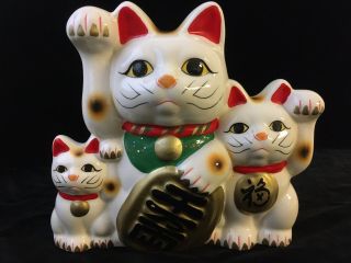 Japanese Neko Triple 3 Lucky Cat Piggy Bank Maneki Japan Ceramic
