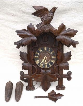 Antique German Black Forest Carved Cuckoo Clock Gong Circa 1910s