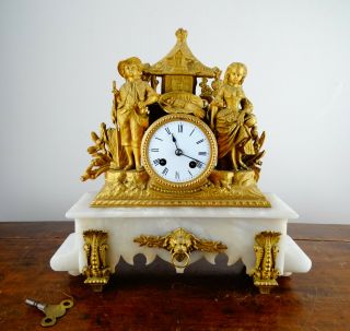Antique French Rococo Gilt Metal Figural Striking Mantel Clock By Japy Freres