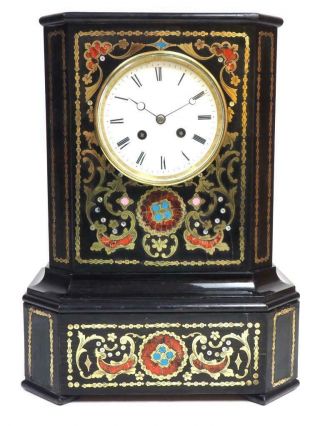 Antique French Mantel Clock Ebony Boulle 8 Day Bell Striking Mantle Clock C1850