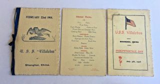 U.  S.  S.  Villalobos,  Shanghai,  China July 4 1906 & Feb 22,  1908 Menus And Programs