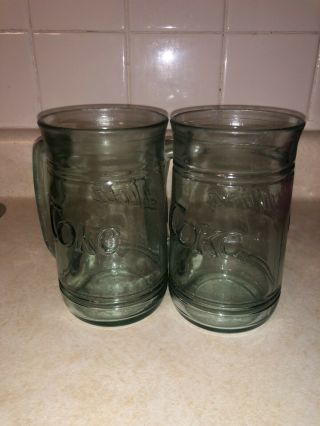 Vintage Two Coke Cola Mugs Green Glass Made In Usa