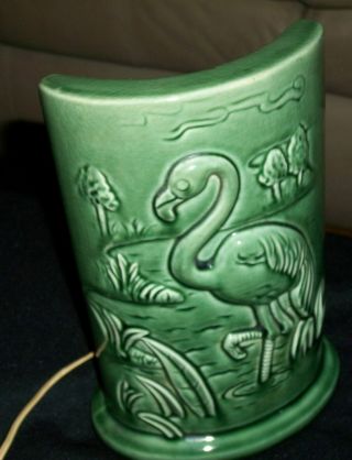 Vintage Green Pottery T.  V.  Lamp Flamingo Water Bird