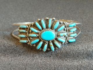 Vtg Zuni Sterling Silver Petit Needle Point Turquoise Cluster Cuff Bracelet Pb