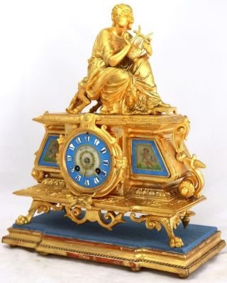 Antique French Mantle Clock 1880 ' s Stunning Gilt & blue Sevres Striking Figural 2