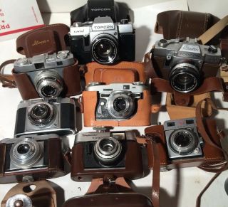 8 Vintage 35 Mm Cameras Graphic,  Zeiss Ikon,  Voigtlander,  Praktica,  Beseler Topcon